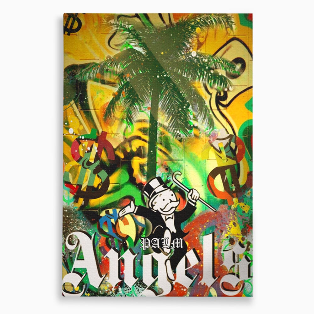 Tablou canvas cu tablou canvas cu graffiti monopoly si palmier, fara rama, pe sasiu de lemn